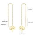 Gold plated stainless steel threader earrings with hollow leaf pendant and long chain - Gold Tree of Life Style (EA533501G)
