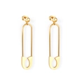 Detail view of gold safety pin earrings with minimalist oval pendants on white background - Safety Pin Shape (EA543401K)