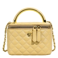 Quilted cream leather box bag with gold metal handle and camellia flower logo - Yellow