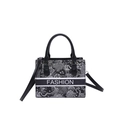 Black and white floral embroidered tote bag with fashion webbing and shoulder strap - Black