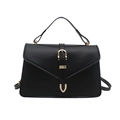 Chic black faux leather handbag with golden buckle detail and envelope flap closure - Black