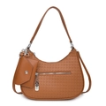 Brown woven crescent shoulder bag with a mini envelope pouch and metal zipper detail - Brown