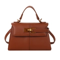 Borsa a mano trapezoidale marrone in pelle con chiusura dorata e manico - Marrone