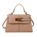 Borsa a trapezio color cammello con texture litchi e chiusura in metallo oro - Cachi