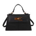Borsa a mano classica nera a trapezio in pelle motivo litchi con chiusura in oro - Nero