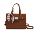 Deep brown lychee pattern leather tote bag with silver lock and decorative silk scarf - Brown