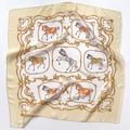 Elegant silk square scarf with vintage equestrian horse prints and gold scroll patterns - Khaki