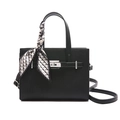 Classic black lychee pattern leather tote bag with silver lock and decorative scarf - Black