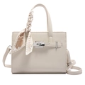 Creamy white lychee pattern leather tote bag with silk scarf and silver twist lock - White