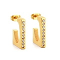 Minimalist gold-plated C-shaped earrings with vertical row of sparkling crystals - Gold (EA313502G)