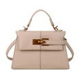 Borsa a mano trapezoidale in pelle beige con trama litchi e fibbia dorata - Albicocca