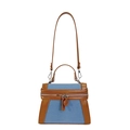 Bolso estilo Kelly vintage de mezclilla azul claro con adornos de cuero marrón en vista - Azul Pequeño