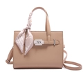 Elegant beige lychee texture leather Kelly tote with silk scarf and silver hardware - Khaki