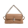 Borsa a baguette beige in vernice con catena metallica argento e tracolla - Cachi