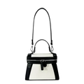 Bolso Kelly chic de lona en blanco y negro con ribete de cuero y correa ajustable - Negro Pequeño