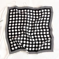 Detailed view of elegant black silk scarf with white polka dots and striped borders - 53*53cm / Black