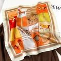 Pañuelo de seda con estampado ecuestre naranja y patrón de cuadros clásico - Pañuelo Cuadrado (53*53CM) / Borde Beige (ZS-49)
