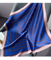 Foulard en soie à motif géométrique bleu marine et marron avec bordure rose - Carré à Lignes Géométriques / Lignes Bleu