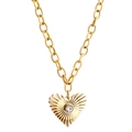 Golden link chain necklace with a heart-shaped sunburst pendant and crystal inlay - Heart Sunray Pattern Pendant (NE279902G) / Gold
