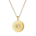 Minimalist gold coin necklace with sunburst engraving and center cubic zirconia - Sunray Round Disk Pendant (NE281202G)