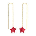 Long gold chain earrings featuring red crystal star pendants in a symmetrical layout - Gold Threader Red Star