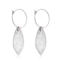 Silver hoop earrings with leaf pendant and sparkling crystal accent for women - Silver Leaf Floral Style (EA555002S)