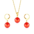 Parure élégante en acier doré avec des pierres rondes œil-de-chat rouges vives - Couleur Or Pierre Oeil de Chat Rouge