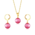 Parure de bijoux dorée avec collier et boucles d'oreilles en œil-de-chat rose - Couleur Or Pierre Oeil de Chat Rose