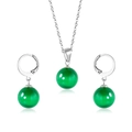 Parure en acier inoxydable avec pendentifs ronds en pierre œil de chat verte et boucles - Couleur Acier Pierre Oeil de Chat Vert Foncé