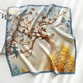 Detail view of square silk scarf with vintage deer and bird print on beige satin - 53*53cm / Elk Pattern Blue Edge (ZS-210)