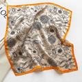 Detailed view of floral silk scarf featuring elegant orange borders and retro patterns - 53*53cm / Orange Edge (ZS-192)