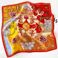 Red silk square scarf with Dunhuang Flying Apsaras mural print and smooth texture - Red / 53*53cm