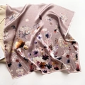 Detail of silk square scarf showing pink floral dandelion print on satin fabric - Impressionist Floral (ZS-224) / Dusty Pink