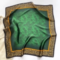 Detailed close-up of dark green silk scarf featuring floral and leopard print patterns - Dark Green Floral Leopard Border (ZC-61-Green)