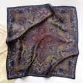 Detail of silk square scarf with vintage paisley print and luxurious satin texture - Navy Blue Paisley (ZC-62-Blue)