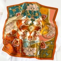Silk square scarf with Dunhuang mural print featuring flying apsaras and lotus pattern - Caramel color / 53*53cm