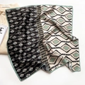 Elegant silk scarf with geometric diamond pattern and mint green edges on beige shirt - 53*53cm / Beige-Black