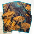 Floral mulberry silk square scarf with bird print and blue border on a light blazer - 65cmx65cm / Yellow and Black