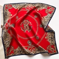 Red silk scarf with leopard print, golden chain patterns and baroque floral designs - 53*53cm / Red