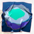 Detail of silk square scarf featuring abstract mineral textures and pink rolled edges - 70x70cm / Blue