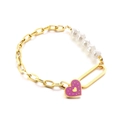 Bracciale a catena in acciaio dorato con perle e ciondolo a cuore viola - Perla + Cuore (Colore Acciaio)