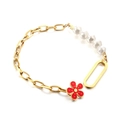 Bracciale a catena dorata con perle bianche irregolari e ciondolo a fiore smaltato rosso - Perla + Fiore (Colore Acciaio)