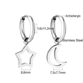 Silver stainless steel huggie earrings featuring star and moon charms with dimensions - Silver Star & Moon Style (EA559901S)