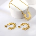 Golden stainless steel jewelry set featuring sunburst pendant necklace and hoop earrings - Sunburst Radiant Necklace and Earrings Set (NEA2301G)
