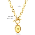 Gold plated stainless steel chunky chain necklace with oval North Star pendant and OT clasp - Steel / Oval Star Style (NE290401)