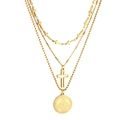 Ensemble de colliers triple rang en acier inoxydable doré 18 carats avec croix et médaille - Ensemble à Trois Rangs(NE292101)