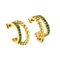 Luxury gold C-shaped hoop earrings with emerald green crystals and beaded texture finish - Gold + Green Zirconia (EA31640JG)