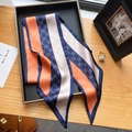 Orange and navy striped long silk scarf with geometric patterns on a wooden table - 15*150cm / Navy Orange