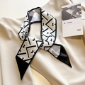 Foulard twilly étroit à motif géométrique noir et blanc avec carreaux gris et style moderne - 7*90cm / Géométrique Beige et Noir (CXJ-103-Beige-Noir)