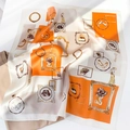 Vintage silk square scarf with colorful fashion illustrations and elegant orange borders - 53x53 / Orange